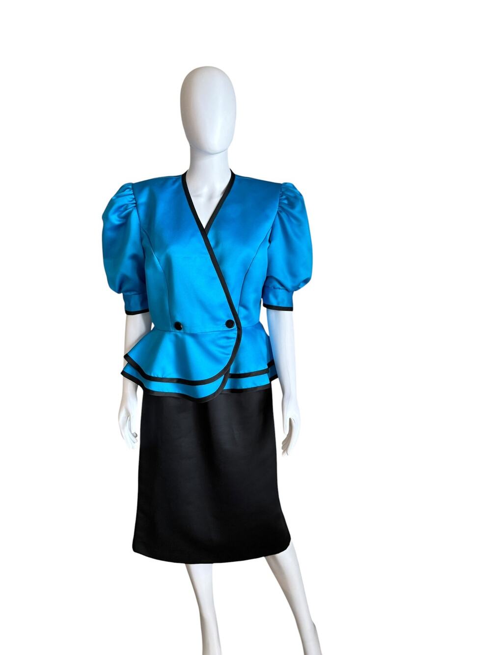 Vintage Blue Satin Peplum Blazer & Black Skirt Suit Set